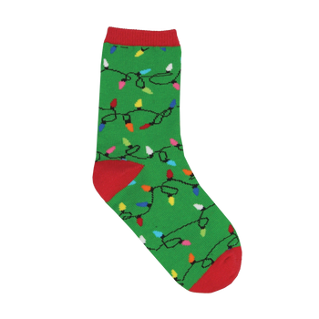 A single green crew sock with a repeating pattern of colorful Christmas lights on black wires, featuring red cuff, heel, and toe.