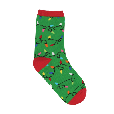 A single green crew sock with a repeating pattern of colorful Christmas lights on black wires, featuring red cuff, heel, and toe.