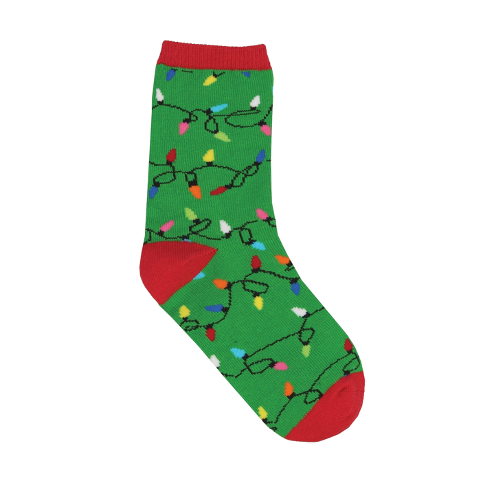 A single green crew sock with a repeating pattern of colorful Christmas lights on black wires, featuring red cuff, heel, and toe.