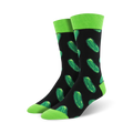 Pair of crew socks with a black background and repeating green pickle pattern.  Lime green cuffs add a pop of color.