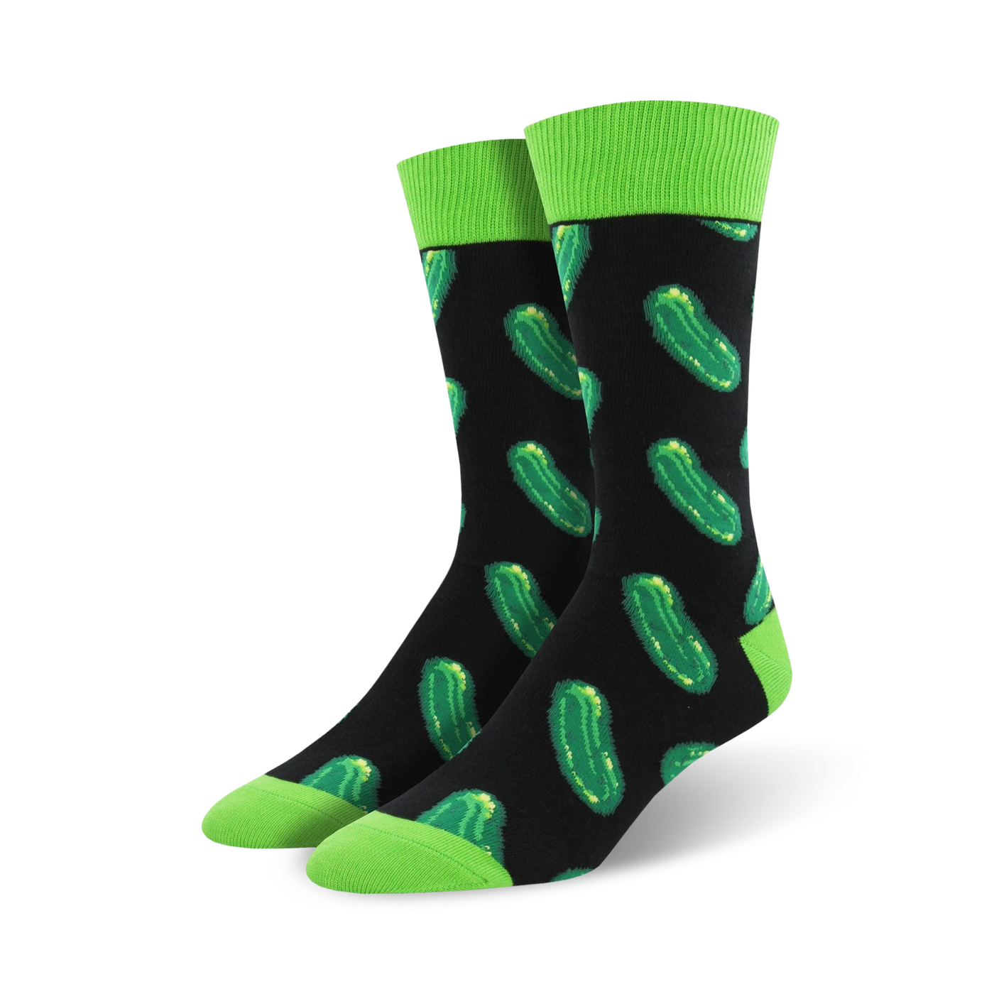 Pair of crew socks with a black background and repeating green pickle pattern.  Lime green cuffs add a pop of color.