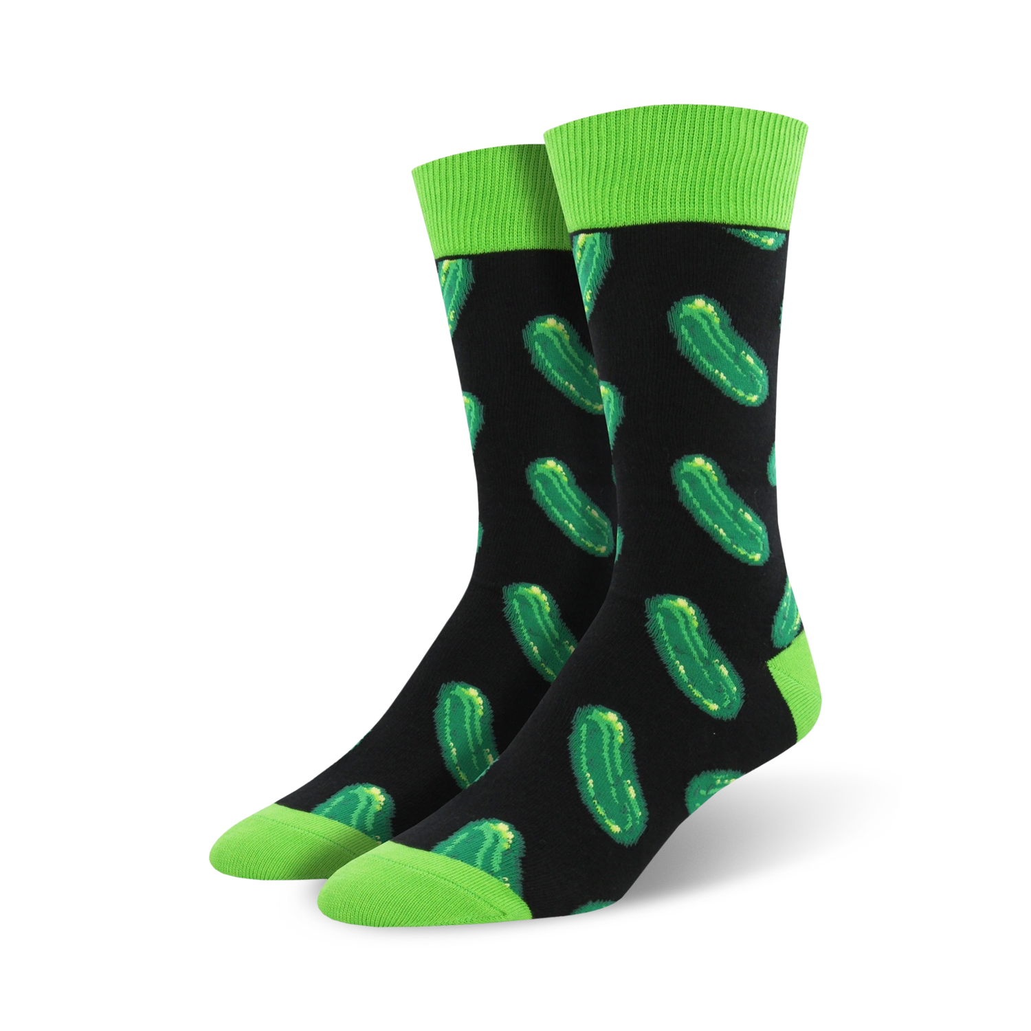 Pair of crew socks with a black background and repeating green pickle pattern.  Lime green cuffs add a pop of color.