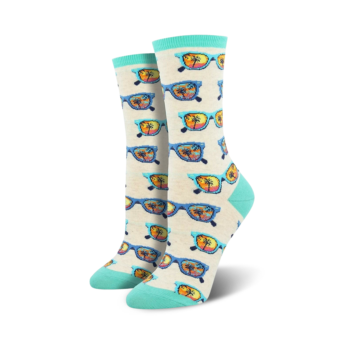 Cream crew socks with a repeating pattern of sunglasses reflecting a beach sunset. Teal accents at the top and bottom.