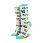 Cream crew socks with a repeating pattern of sunglasses reflecting a beach sunset. Teal accents at the top and bottom.