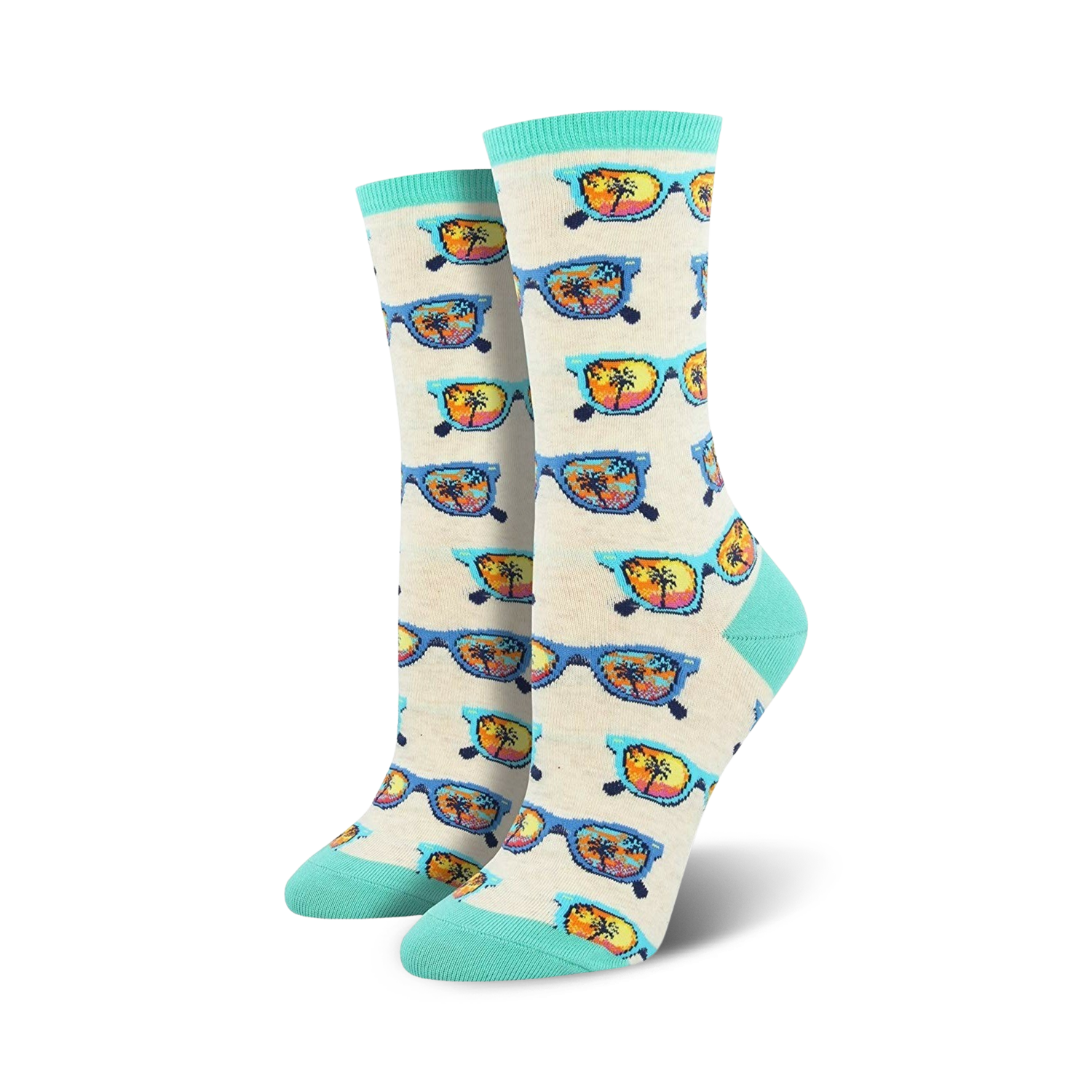 Cream crew socks with a repeating pattern of sunglasses reflecting a beach sunset. Teal accents at the top and bottom.