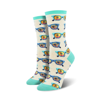 crew socks featuring blue and orange sunglasses with palm trees and sunset, white base, and teal toes.  