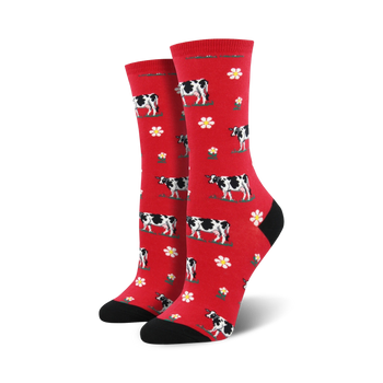 black & white cow print with yellow flowers; red with black toes and heels; crew length socks for women.  