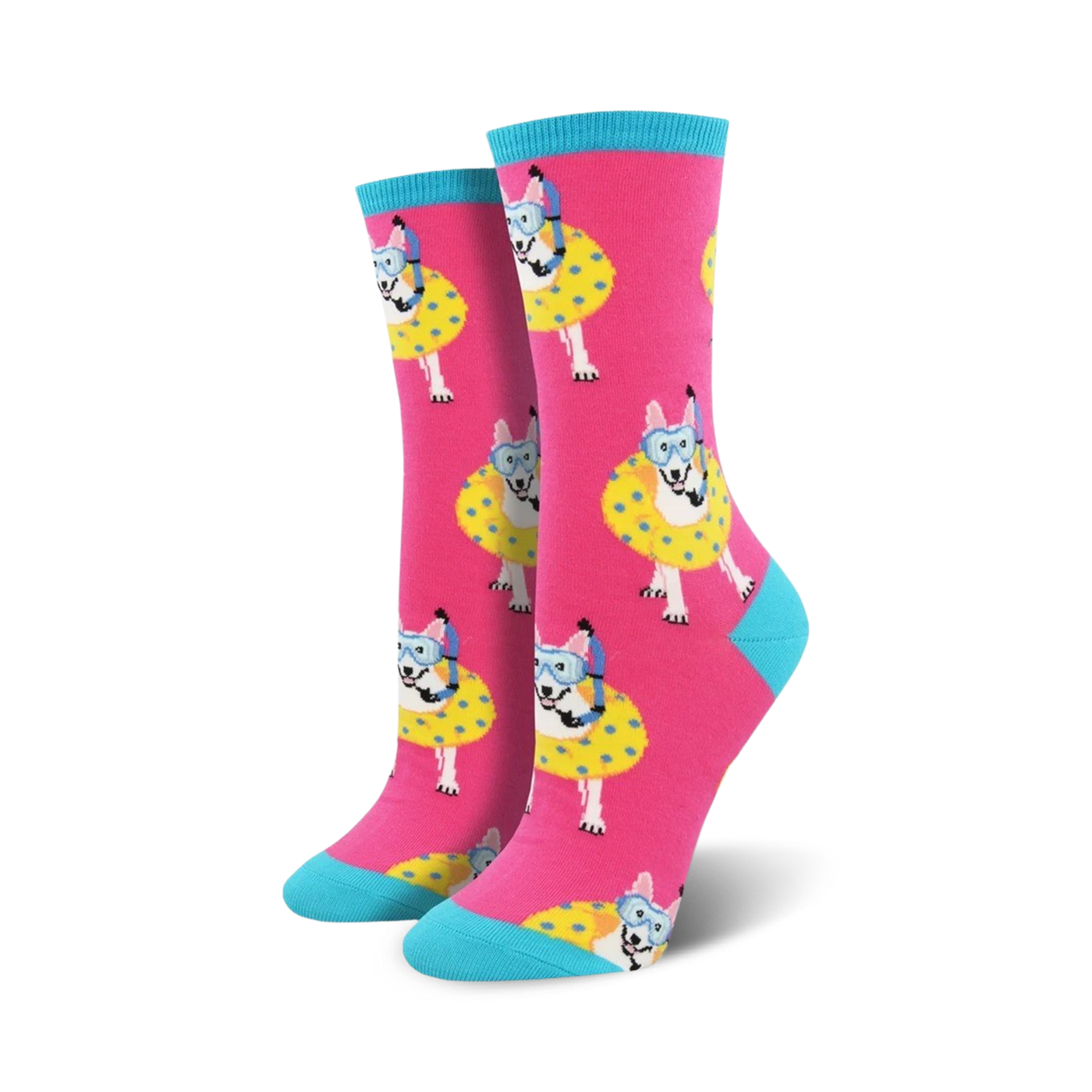 Crew socks in pink with a teal cuff, featuring a repeating pattern of dogs wearing snorkeling gear and inner tubes.