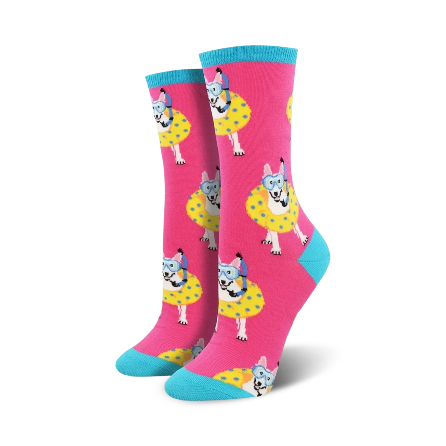 Crew socks in pink with a teal cuff, featuring a repeating pattern of dogs wearing snorkeling gear and inner tubes.
