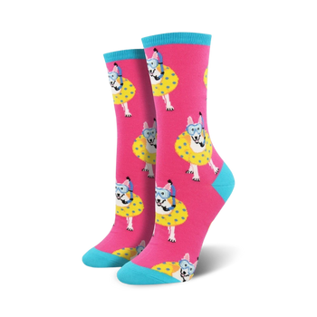 pink crew socks with a pattern of cartoon dogs wearing snorkels and inner tubes.   