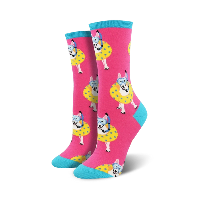 pink crew socks with a pattern of cartoon dogs wearing snorkels and inner tubes.    }}