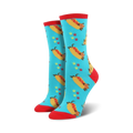 Pair of women's crew socks. Teal background with dachshunds shaped like hot dogs, red paw prints. Red top trim.