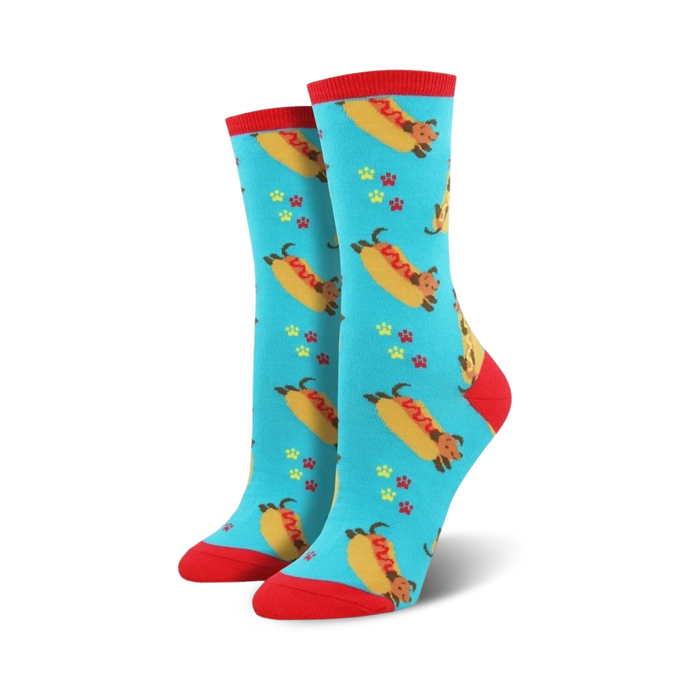 Pair of women's crew socks. Teal background with dachshunds shaped like hot dogs, red paw prints. Red top trim.