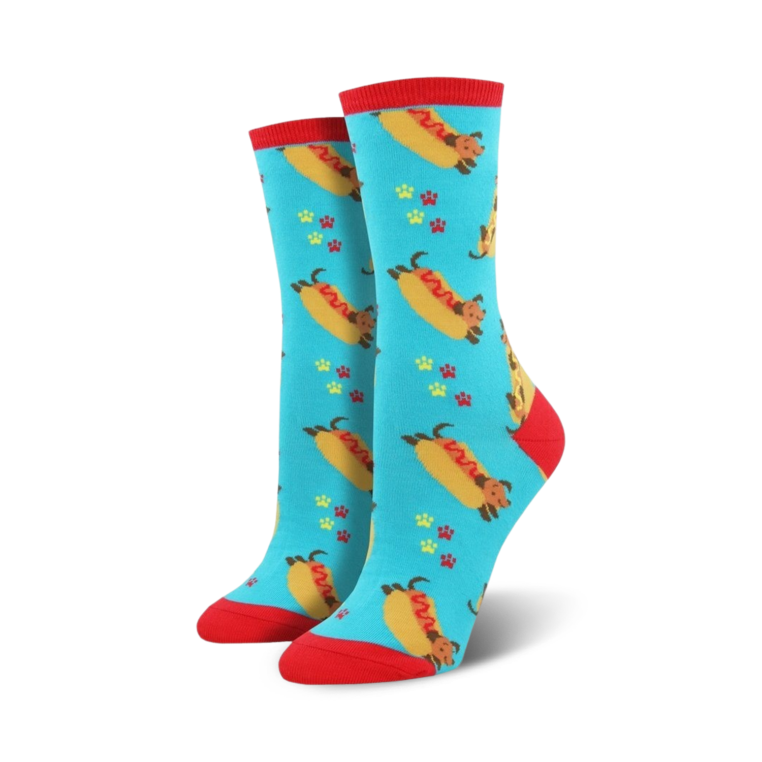 Pair of women's crew socks. Teal background with dachshunds shaped like hot dogs, red paw prints. Red top trim.
