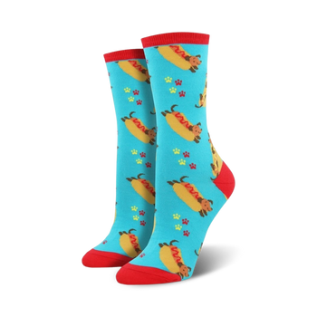blue crew socks with dachshund and hot dog pattern, red paw prints, and mustard details.   