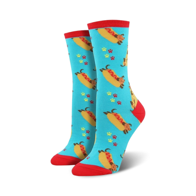 blue crew socks with dachshund and hot dog pattern, red paw prints, and mustard details.   