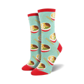 Pair of teal crew socks with a repeating ramen noodle bowl pattern. Red accents on the cuffs. Fun and quirky!
