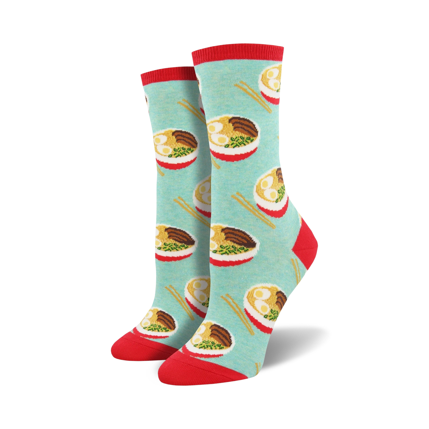 Pair of teal crew socks with a repeating ramen noodle bowl pattern. Red accents on the cuffs. Fun and quirky!