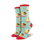 Pair of teal crew socks with a repeating ramen noodle bowl pattern. Red accents on the cuffs. Fun and quirky!