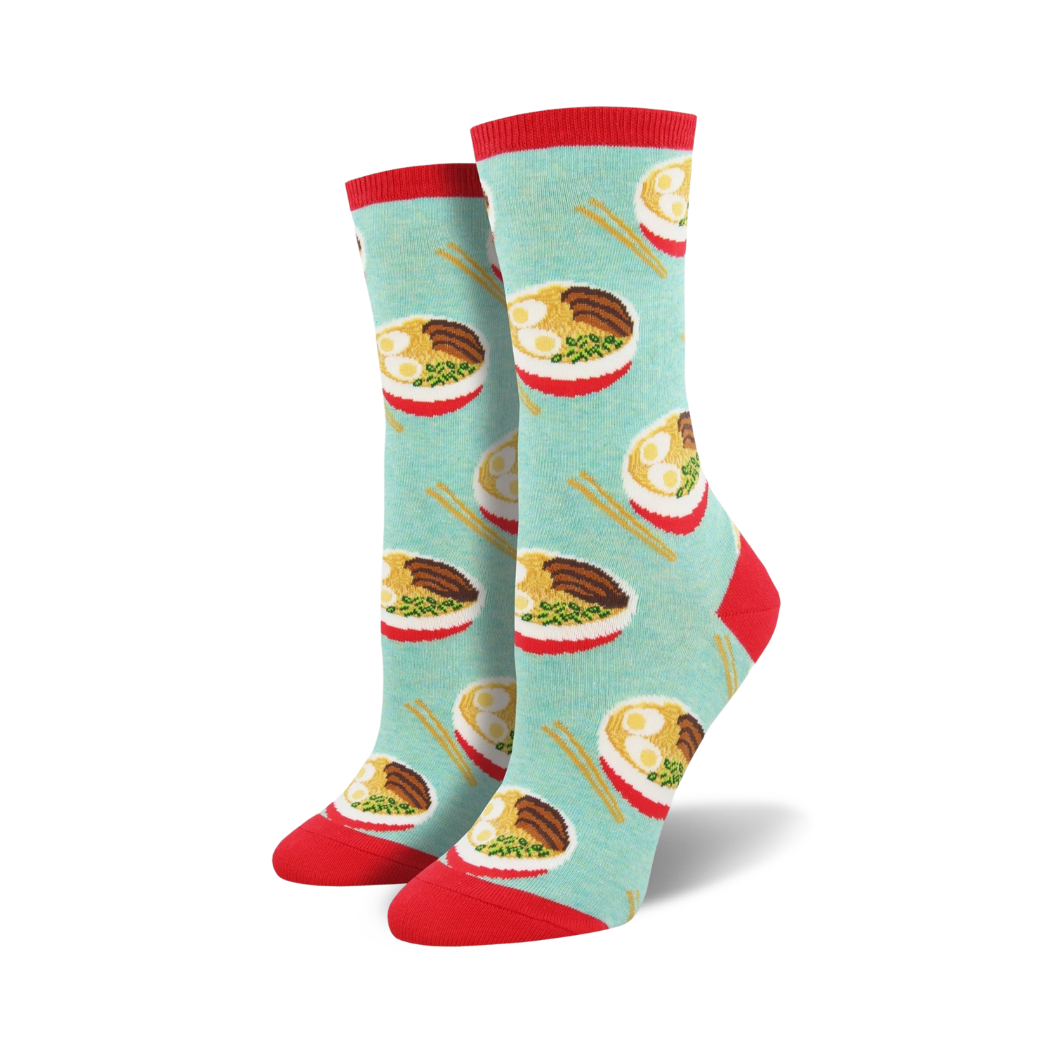 Pair of teal crew socks with a repeating ramen noodle bowl pattern. Red accents on the cuffs. Fun and quirky!