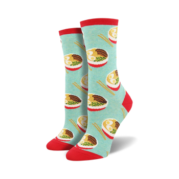 blue socks with red tops. pattern: ramen bowls with chopsticks & green onions.  