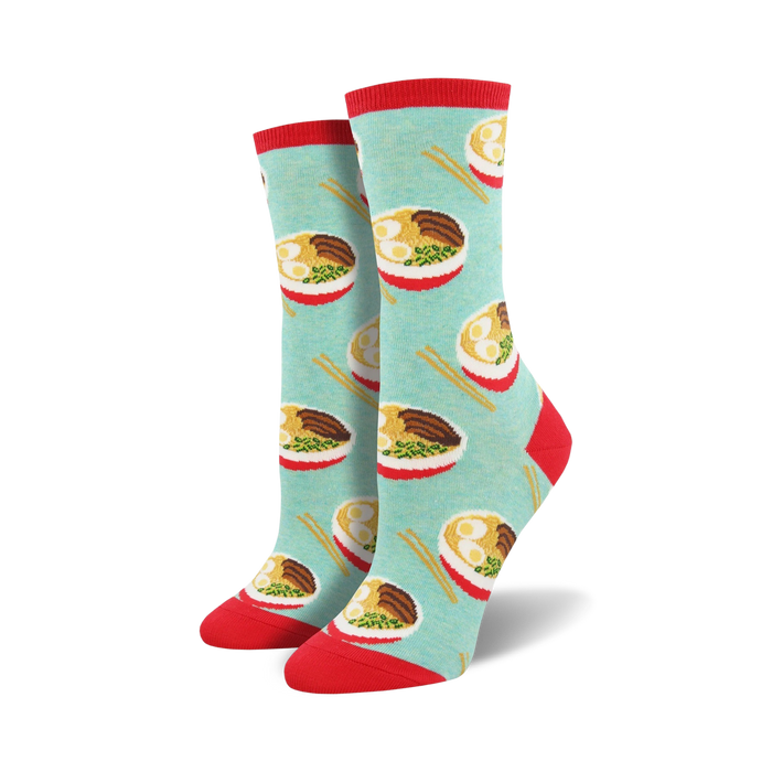 blue socks with red tops. pattern: ramen bowls with chopsticks & green onions.  