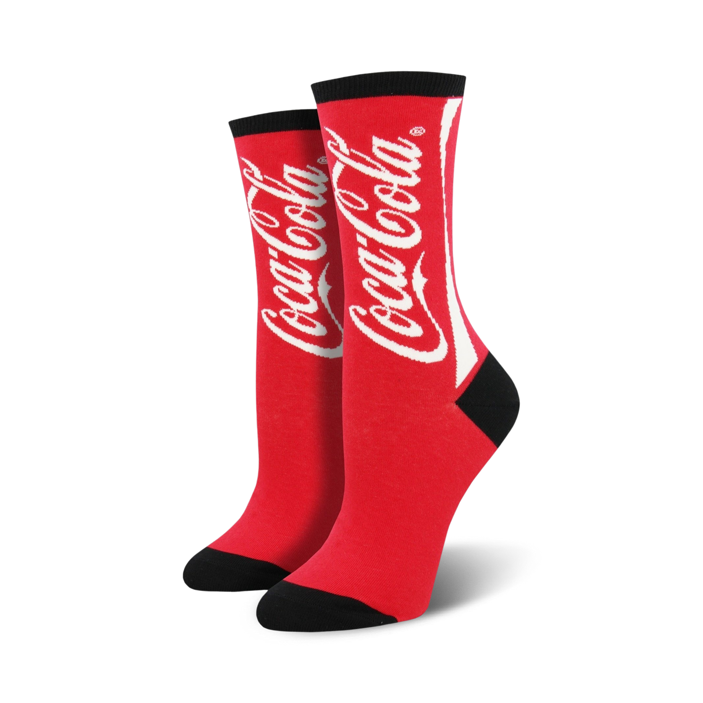Pair of red crew socks with a white Coca-Cola logo. Black accents at the toe and cuff.