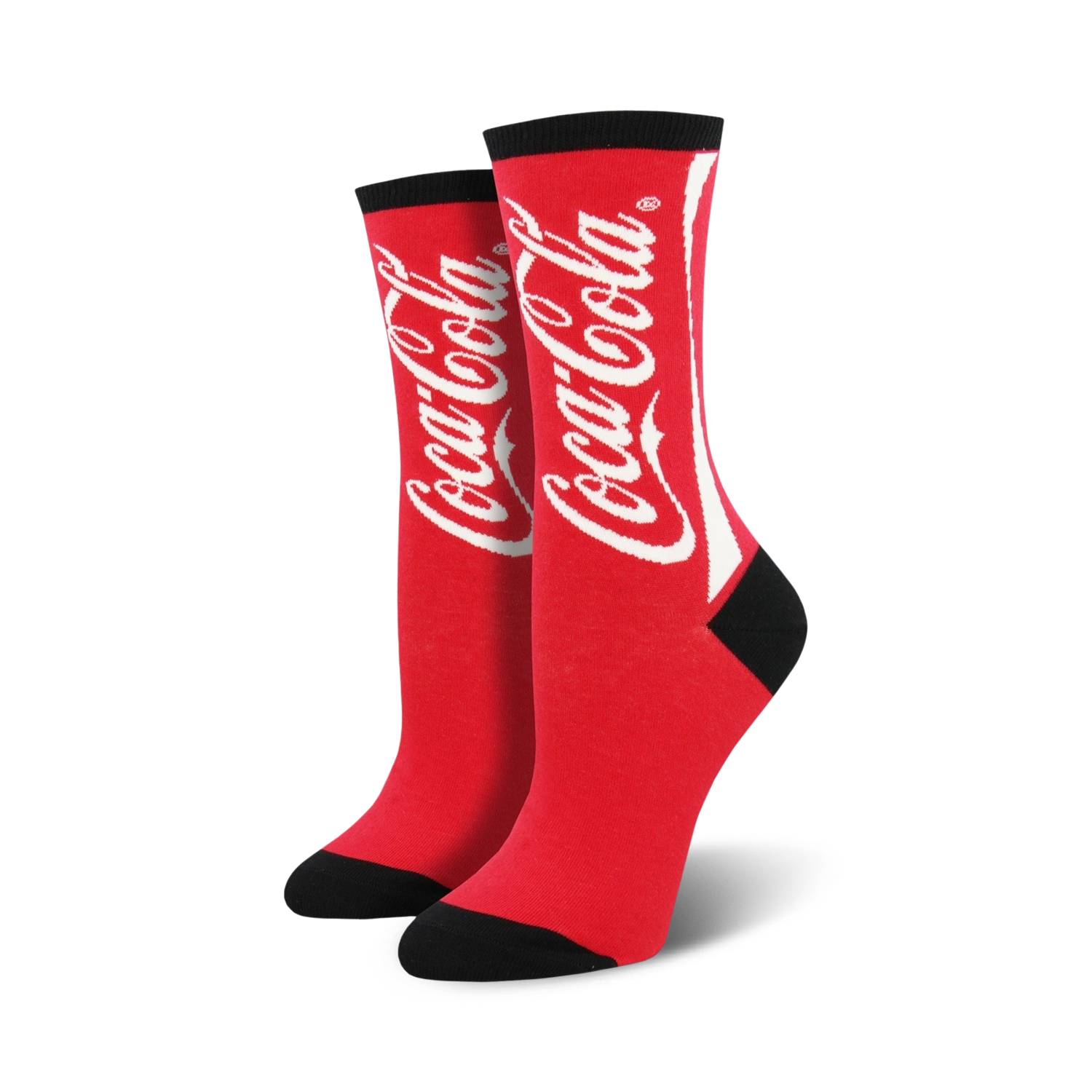 Pair of red crew socks with a white Coca-Cola logo. Black accents at the toe and cuff.