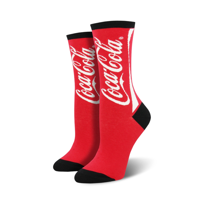 red crew-length women's coca-cola logo socks.    }}