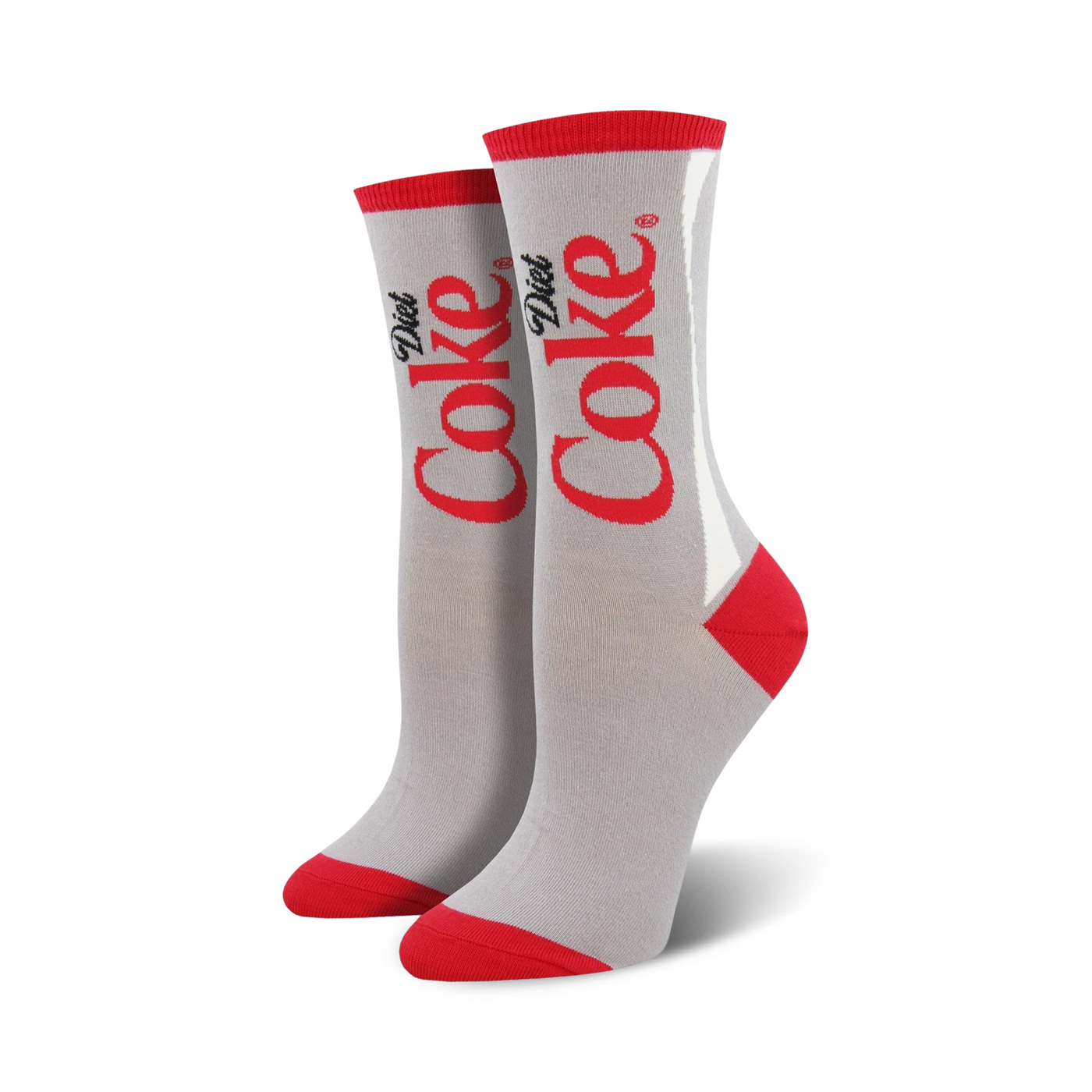 Pair of gray crew socks with a red and white Diet Coke logo design. Red accents at the toe and heel.