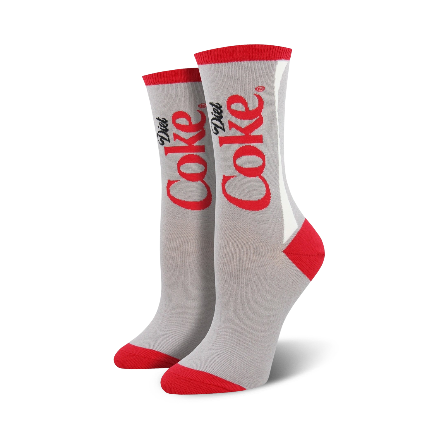 Pair of gray crew socks with a red and white Diet Coke logo design. Red accents at the toe and heel.