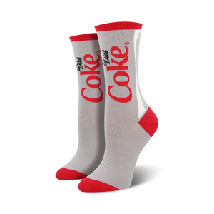 Pair of gray crew socks with a red and white Diet Coke logo design. Red accents at the toe and heel.