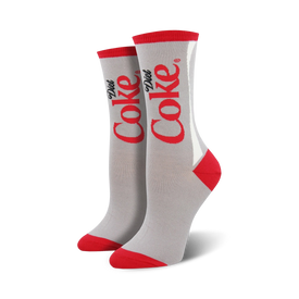 diet coke crew socks with gray body, red toe, heel, and top, and white stripe with the text "diet" on one foot and "coke" on the other.   