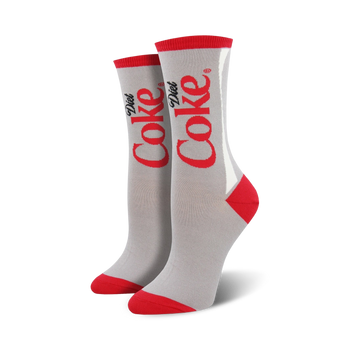 diet coke crew socks with gray body, red toe, heel, and top, and white stripe with the text "diet" on one foot and "coke" on the other.   