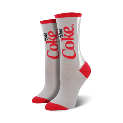 diet coke crew socks with gray body, red toe, heel, and top, and white stripe with the text "diet" on one foot and "coke" on the other.   