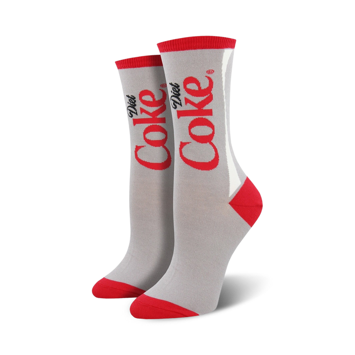 diet coke crew socks with gray body, red toe, heel, and top, and white stripe with the text 