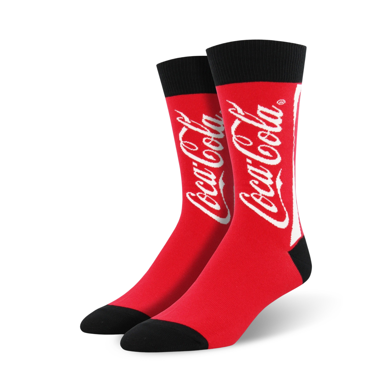 coca-cola socks in crew length, made for men with red color and a black toe/heel. the word coca-cola is splashed across the front in white.  