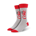 Pair of grey crew socks with red Diet Coke logo. Red and grey color scheme. 