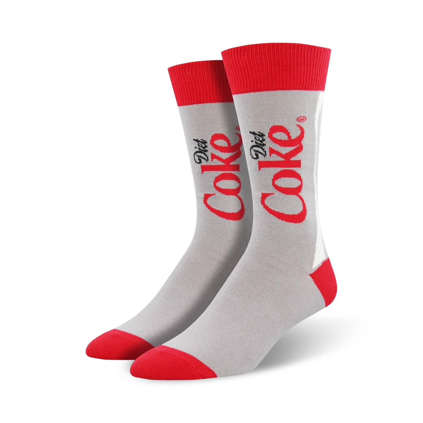 Pair of grey crew socks with red Diet Coke logo. Red and grey color scheme. 