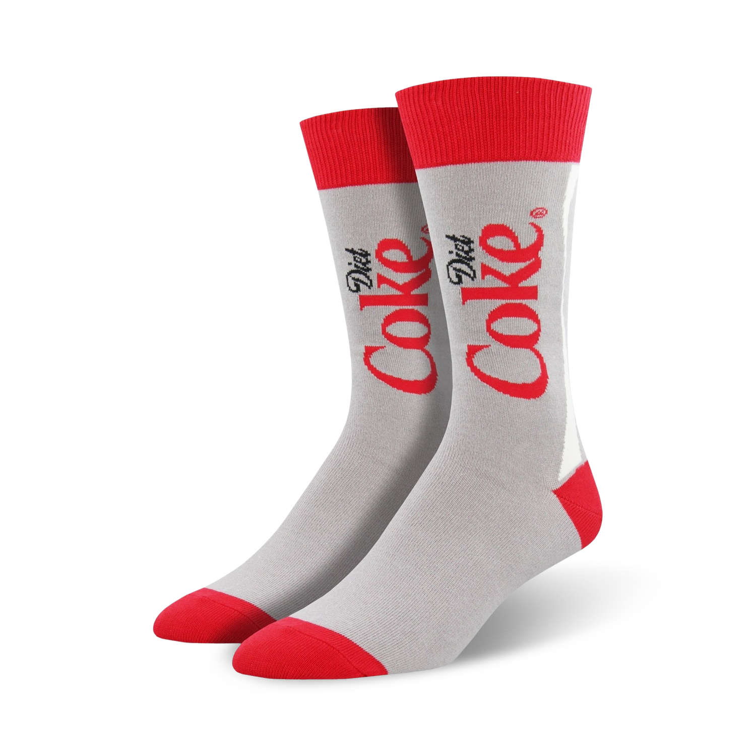 Pair of grey crew socks with red Diet Coke logo. Red and grey color scheme. 