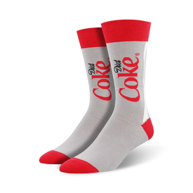 gray crew socks with red toe, heel, top, and diet coke logo.  