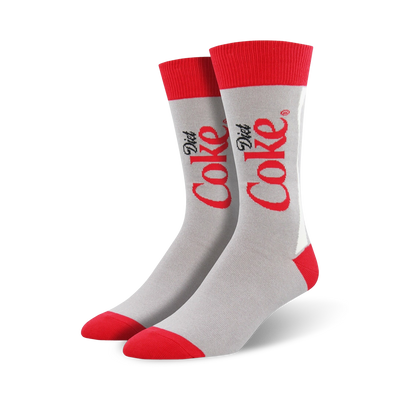 gray crew socks with red toe, heel, top, and diet coke logo.  