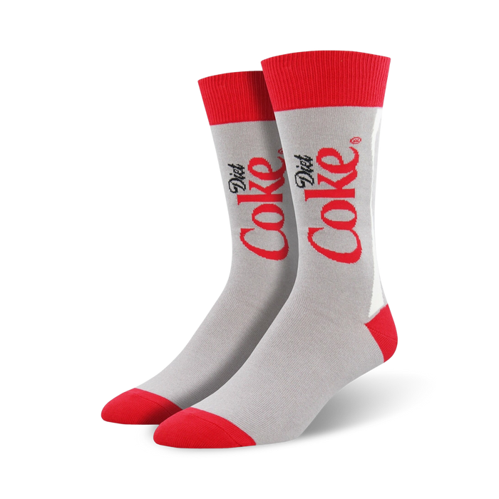 gray crew socks with red toe, heel, top, and diet coke logo.   }}