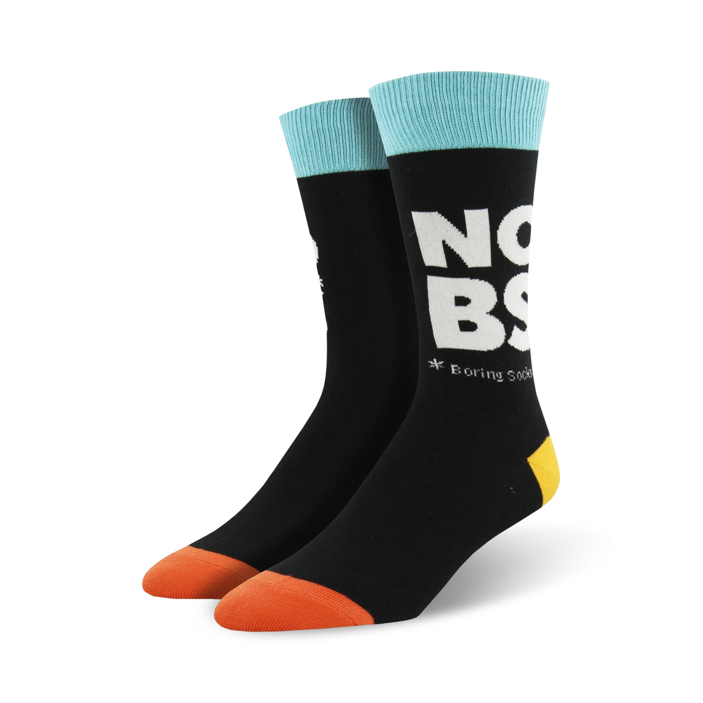 Pair of black crew socks with a teal cuff and orange toe.  The socks feature large white lettering that says 'NO BS' and small text that says '*Boring Socks'.