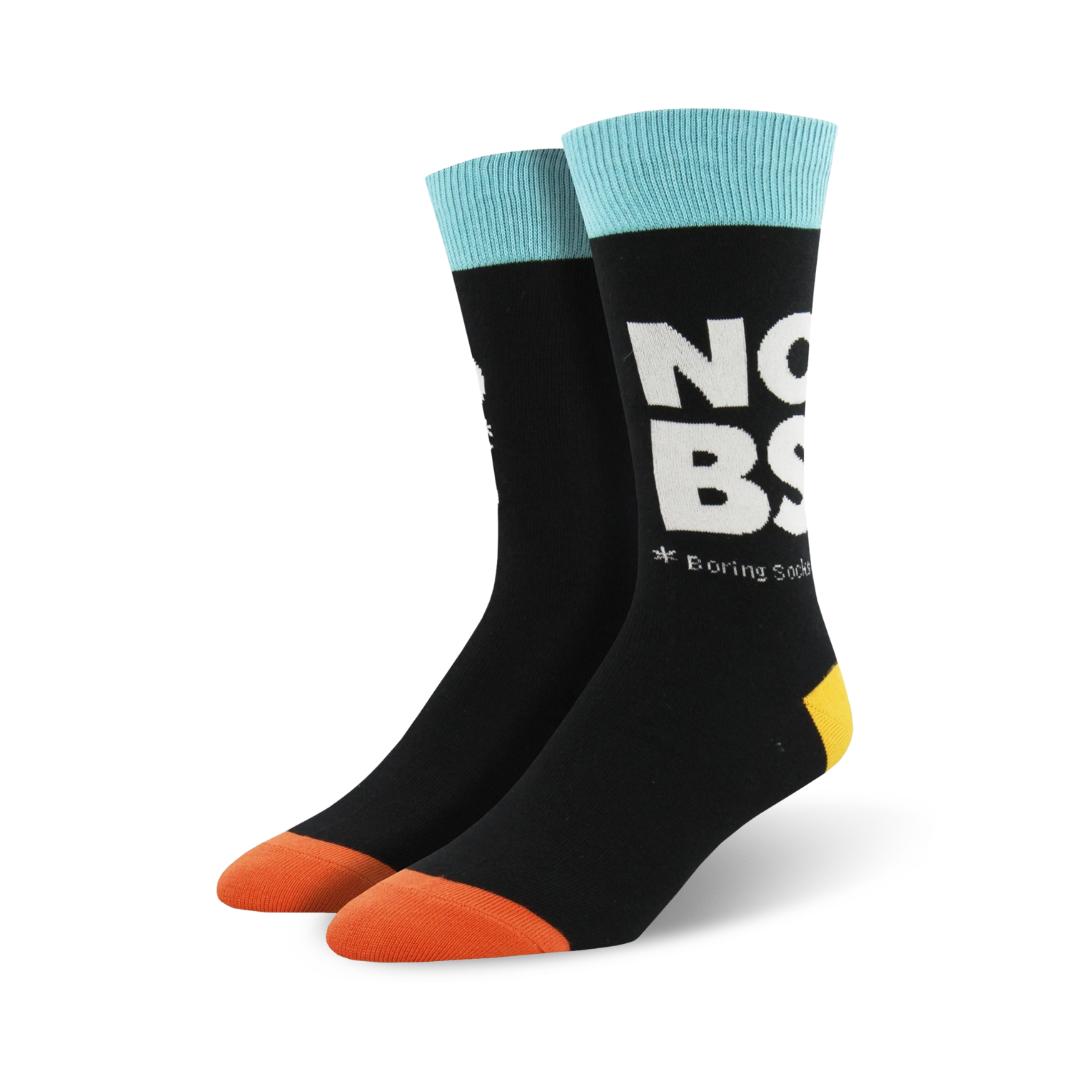 Pair of black crew socks with a teal cuff and orange toe.  The socks feature large white lettering that says 'NO BS' and small text that says '*Boring Socks'.