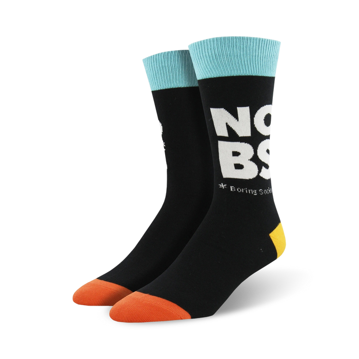 black crew socks with 'no boring socks' in white, blue top, orange toe and heel.    }}