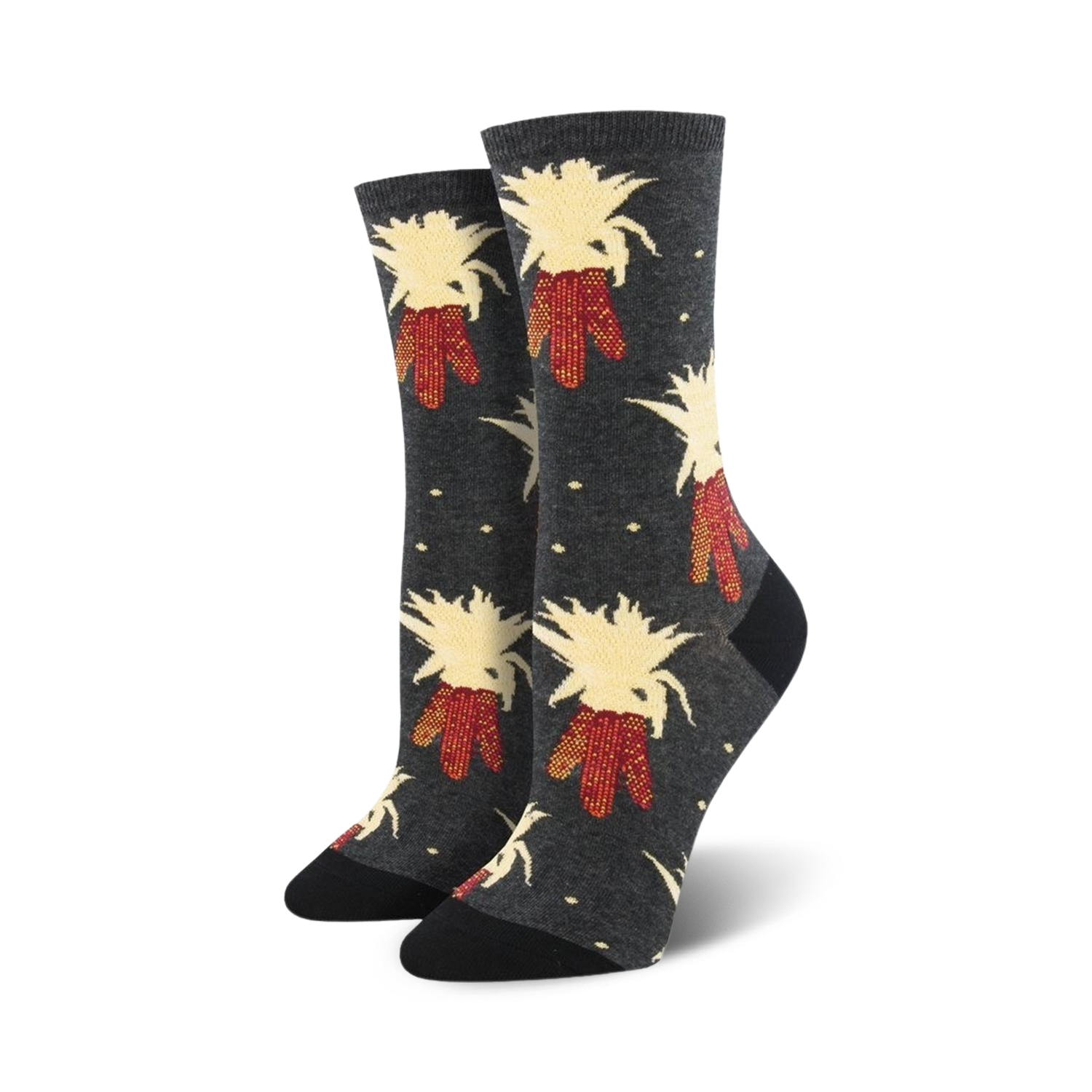 Pair of women's crew socks in dark grey and navy blue, featuring a whimsical pattern of illustrated corn stalks with red and beige details.