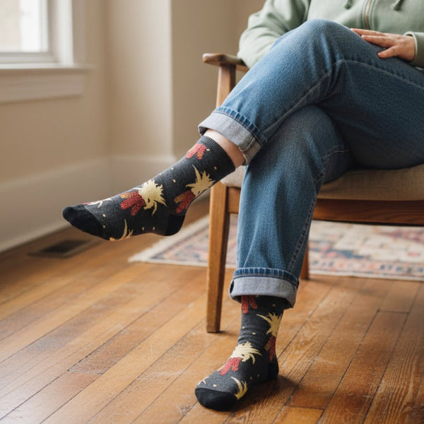 Model wearing dark grey crew socks with red chili & yellow corn patterns, cuffed jeans, seated indoors. [lf]