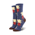 Lifestyle shot showing the navy blue Harvest Corn socks on a model's feet.