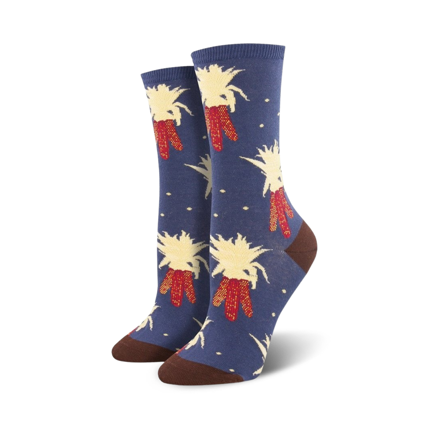 Lifestyle shot showing the navy blue Harvest Corn socks on a model's feet.